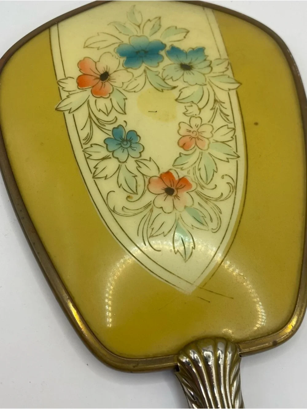 Vintage Gold Tone Floral Hollywood Regency Vanity Hand Mirror With Beveled Glass